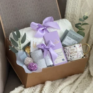 Lavender Serenity Gift Box – Blanket, Mug, Tea, Chocolate & Spa Gift Set for Mom